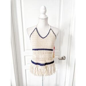RAGA Crochet Tassel Halter Top Eggshell Size Small New